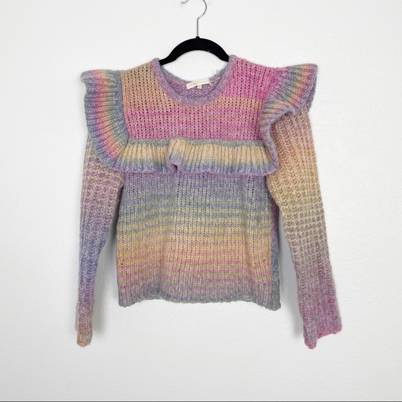 LoveShackFancy Yumi Ruffle Knit Pullover Sweater in Rainbow Pink Purple XS - Picture 3 of 8